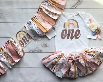 CLEARANCE-Boho Rainbow Mauve Rose Gold & Mustard Floral fabric Tutu Birthday Outfit ANY age on shirt