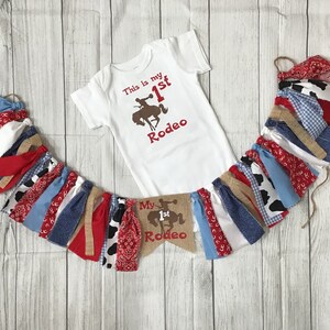 Cowboy Boys Birthday This is My First 1st Rodeo Horse Western Birthday Shirt Highchair Banner Photo backdrop 1st Birthday