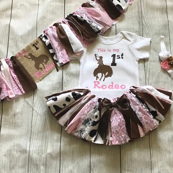 Cowgirl My First Rodeo Horse Western Farm Birthday- Fabric Tutu Outfit-Buy Only What you need- Birthday Tutu Shirt Banner Headband