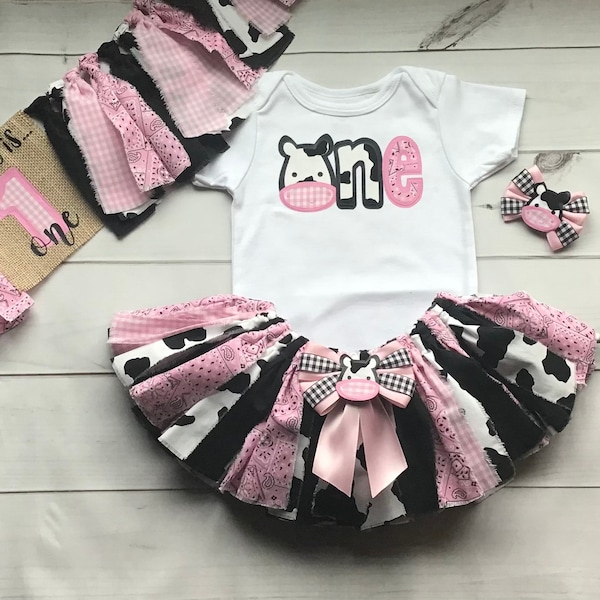 Cow One Tutu Barnyard Birthday Outfit Buy Only What you Need-COW Print Farm First 1st ONE (or TWO) Fabric Tutu Shirt Upon Request Headband