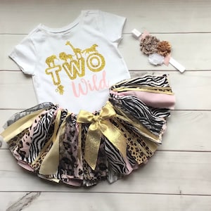 TWO Wild One Pink Cheetah Safari Tutu Birthday Outfit Wild ONE TWO Wild First Fabric Tutu Shirt Banner  Jungle animals
