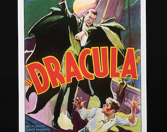 May include: A vintage movie poster for the 1931 film "Dracula" starring Bela Lugosi. The poster features a dramatic image of Dracula, a vampire, in a dark cape, with a terrified man in the foreground. The poster text reads "Dracula" in large red letters and includes the tagline "The story of the strangest Passion the world has ever known!"