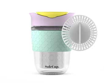 SoleCup 3 in 1 Travel Mug - 340ml/12oz Reusable Glass Travel Cup with Loose Tea Infuser and Smoothie Filter