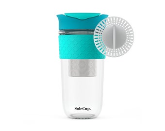 The 3 in 1 Large SoleCup - 530ml/18oz Reusable Glass Travel Mug with Loose Tea Infuser and Smoothie Filter