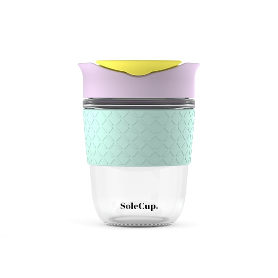 SoleCup - Reusable Glass Travel Cup - Spill Proof Insulated Coffee Mug - 12oz/340ml BPA-free Hot Drink Travel Mug with Lid & Silicone Band