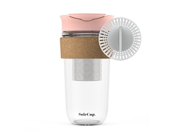 The 3 in 1 Large Cork SoleCup - 530ml/18oz Reusable Glass Travel Mug with Loose Tea Infuser and Smoothie Filter