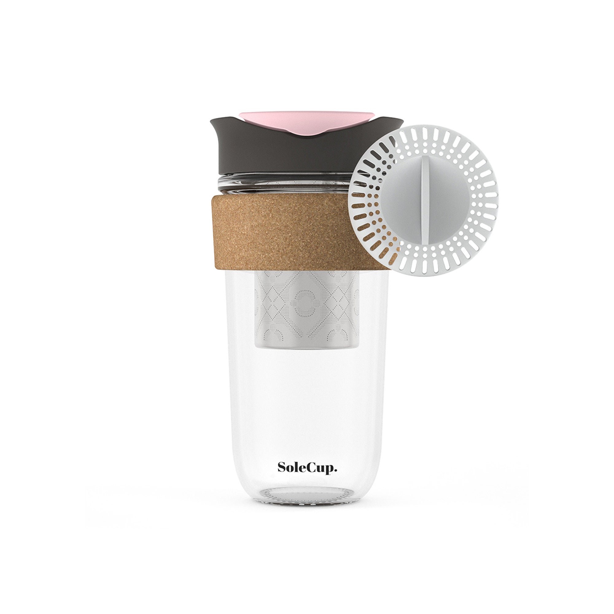 SoleCup. Travel Mug Loose Tea Infuser - Detachable Tea Strainer with Spillproof Lid - BPA-Free Reusable Glass Travel Coffee Cup with Silicone Band (