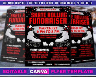 Skate Rolling Fundraiser Flyer Editable Canva Template US Letter Size.