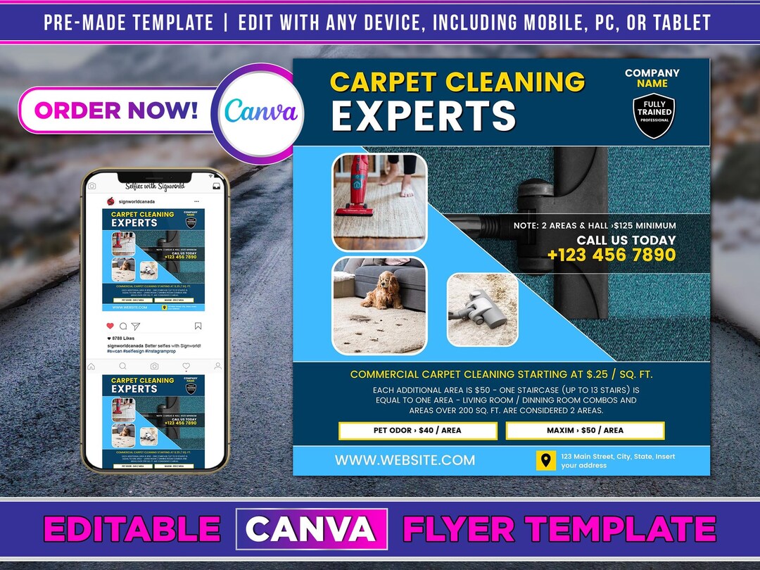 Carpet Cleaning Flyer Canva Template for DIY Social Media Marketing. Etsy