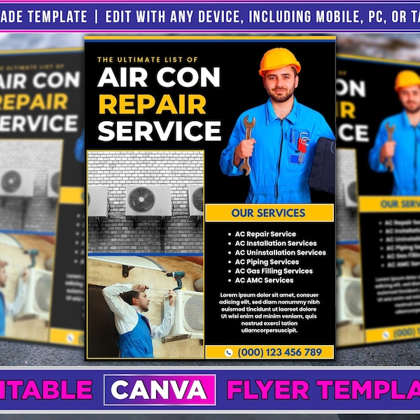 Air Conditioning Repair Service Flyer Editable Canva Template US Letter Size.