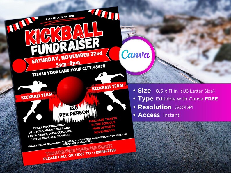 Kickball Fundraiser Flyer Editable Canva Template US Letter Size. Etsy