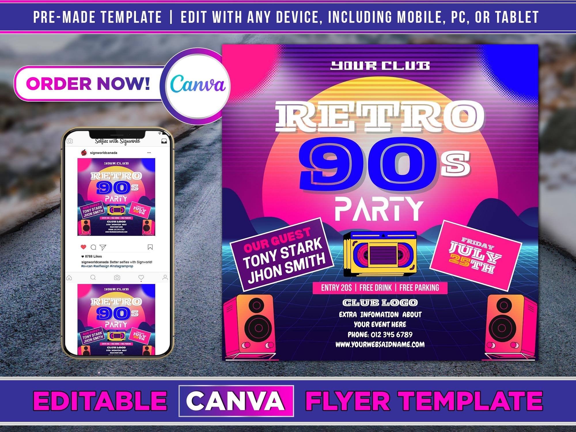 Neon Rave 90s Party Flyer Editable Canva Template
