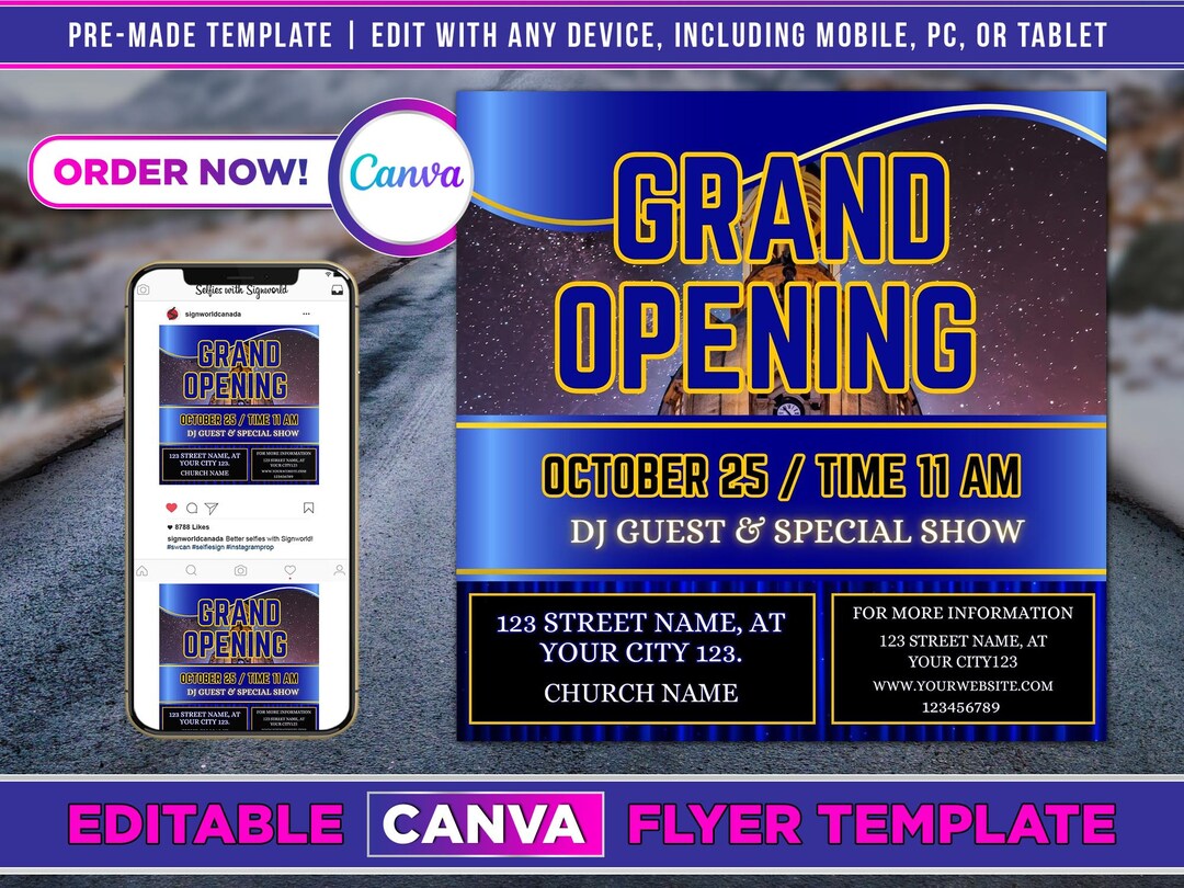 Church Grand Opening Flyer Canva Template for DIY Social Media