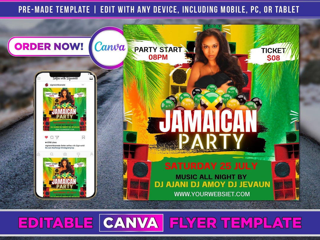 Jamaican Party Flyer Canva Template for DIY Social Media Marketing. Etsy