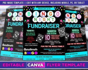 Bingo Night Fundraiser Flyer Editable Canva Template US Letter Size.