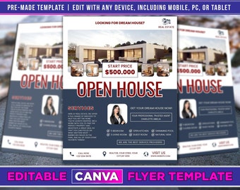 Realty Flyers Canva Template, Property Listings, Open House Flyers, Agent Introduction Flyer, and Essential Flyer for Realtors.