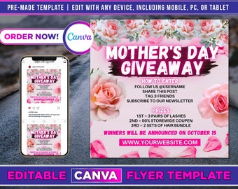 Mother's Day Giveaway Flyer Canva Template For DIY Social Media Marketing.