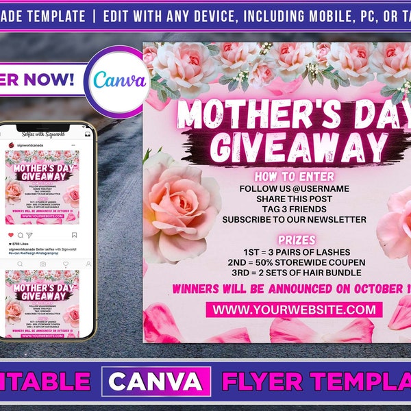 Mother's Day Giveaway Flyer Canva Template For DIY Social Media Marketing.