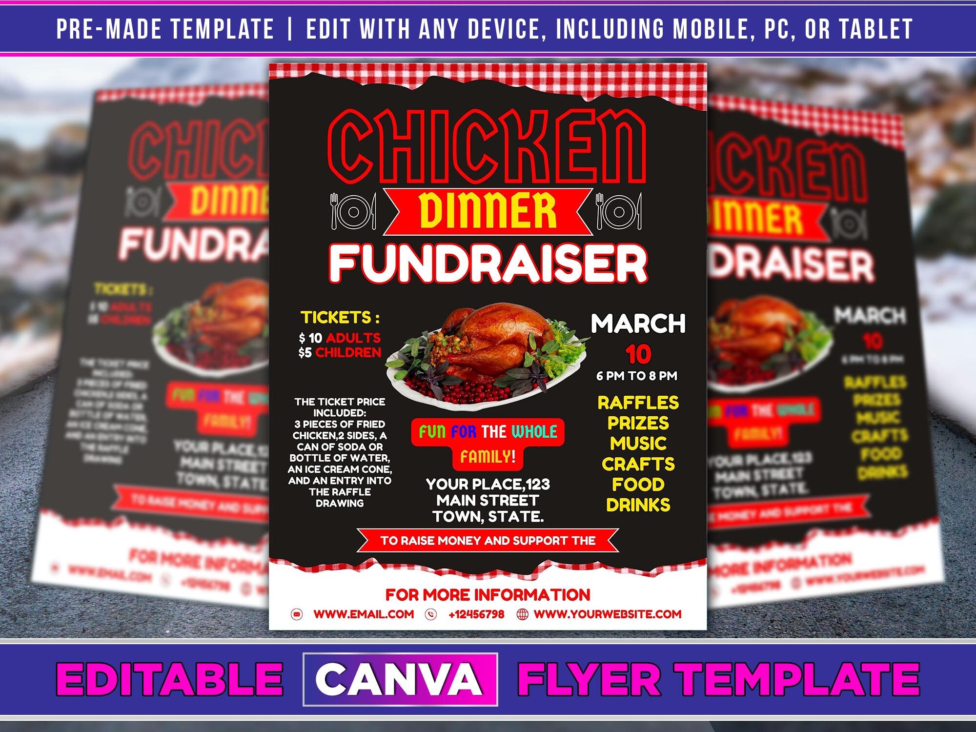 Chicken Dinner Fundraiser Flyer Editable Canva Template US Letter Size