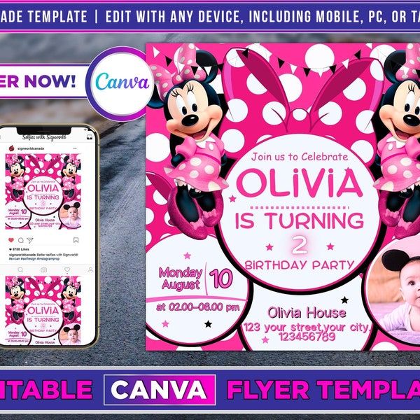 Minnie Mouse Birthday Flyer Canva Template For DIY Social Media Marketing.