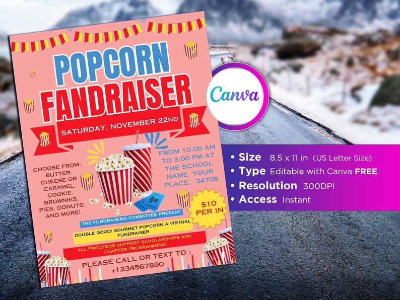 Popcorn Fundraiser Flyer Editable Canva Template US (Download Now) Etsy