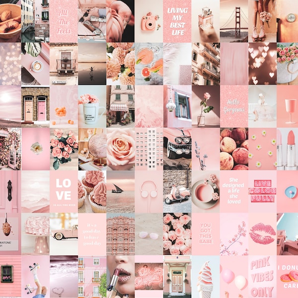 80 pc Pink Collage Kit Digital, Pink Aesthetic Photo Wall Collage Kit, Peachy Pink Dorm Room Decor, Blush Pink Pictures, Teen Girl Bedroom