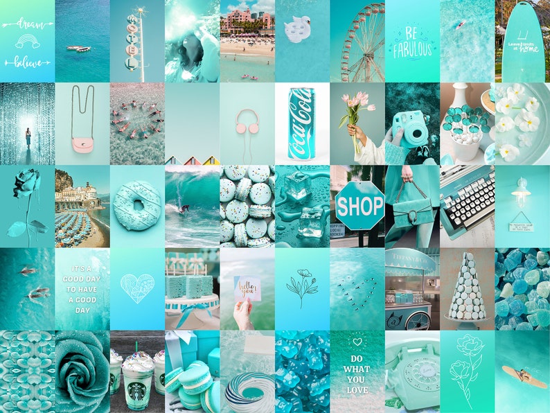Teal Wall Collage Kit Digital Teal Aesthetic Collage Etsy Ireland