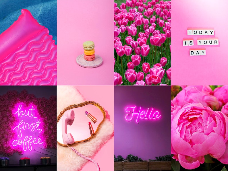 Neon Pink Wall Collage Kit DIGITAL Hot Pink Aesthetic Room Etsy