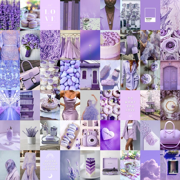 Lavender Collage Kit 60 pcs, Pastel Purple Aesthetic Picture Collage Printable, Lilac Photo Wall Collage Digital, Teen Girl Dorm Room Decor