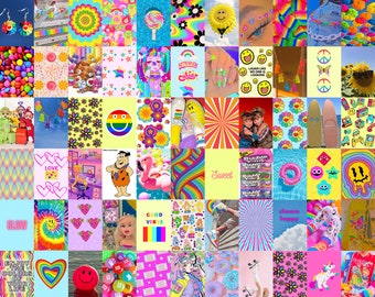 Indie Collage Kit Digital, Wall Decor Aesthetic, Y2K Room Decor, Kidcore Photo Wall Collage, Retro Picture Collage 65 Pcs, Indie Kid Bedroom