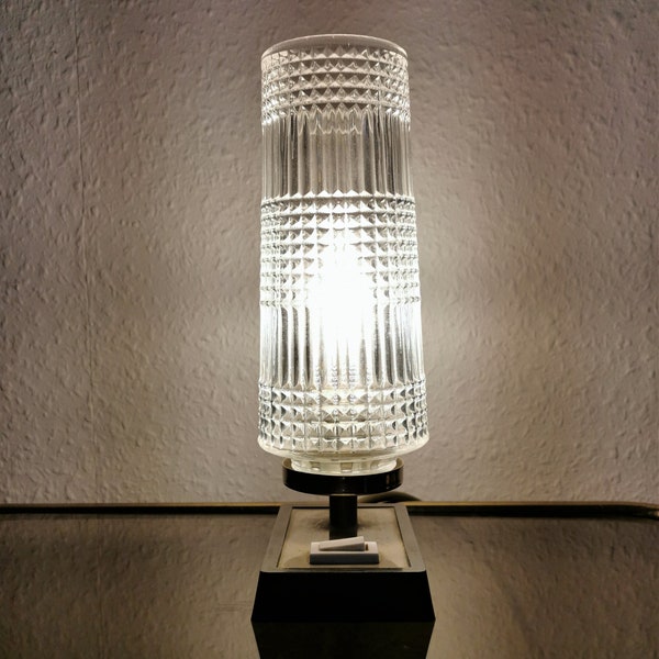 Mid Century Modern Bedside Table Lamp Lead Glass Geometry Cut, 60's Germany Hustadt. 60er Jahre Hustadt Tischlampen aus Kristallglas