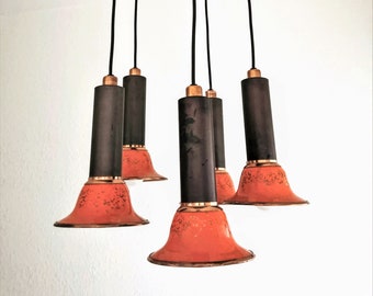 Vintage Ceramic Cascade Lamp 60s, Space Age German Drapped Chandelier, Unique Fat Lava 5 bell-looking lampshades, Orange Interior Decoration