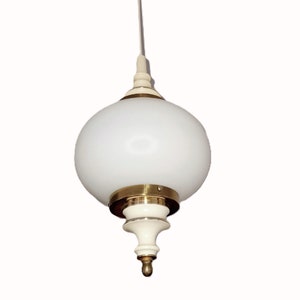 70s Space Age Fixture White and Gold, Richard Essig Milk Glass Lantern lamp, Hängelampe aus Opalglas und Messing