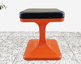 Iconic Vintage Stool by Luigi Colani for Sulo Caroline, 70's Space Age Pandon style Italy Design, Orange Plastic and Black Leatherette