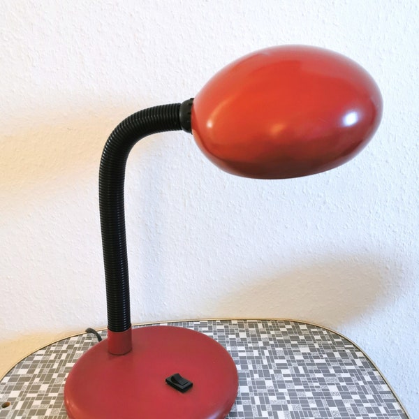 Postmodern Mushroom Lamp Safari Red, 70's Goose Neck Lamp Adjustable, Metal Reading Lamp. Space Age Tischlampe rote Metalllampe 70er Jahre