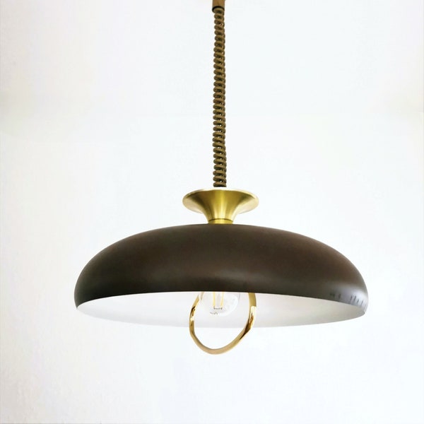 Vintage Italian Metal Lamp Brass Fitting Minimalism 70's, Space Age Suspension lamp in Chocolate. MCM 70er Pendelleuchte UFO Lampe