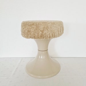 Space Age design Beige Stool with Plush Cover, 70's Plastic Tulip Stool made in West Germany.  Vintage Kunststoffhocker 70er
