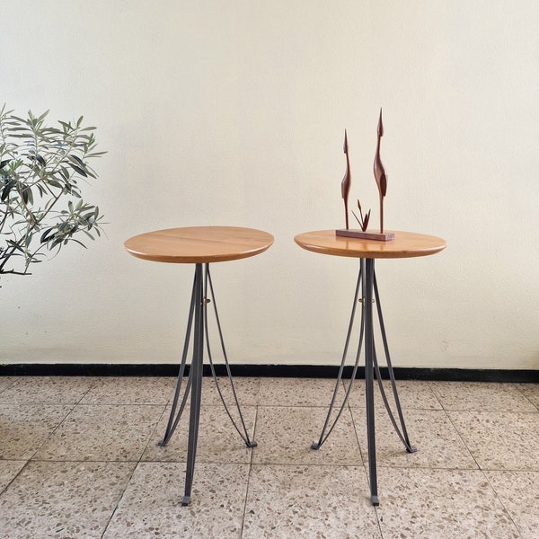 Rare postmodern industrial side table 1 of 2, vintage stool wood and metal, midcentury Scandinavian furniture 70's 80's
