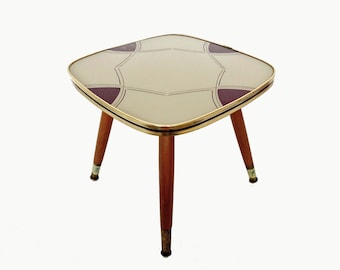 MCM Plant Stool Glass Top Beige & Burgundy 50s 60s, Small Vintage Table Geometric Patterns, German Kidney Furniture Rockabilly era