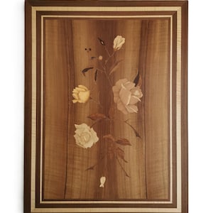 MCM Italian Marquetry Rose Inlaid Wood Picture - 1960s Wall Decor (26x17.5 in