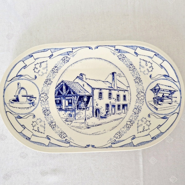 Luxemburg Villeroy & Boch Blue Serving Platter, Limited Museum Collection "A Possen" with Signture. Vintage Ceramic Oval Tray Country Style