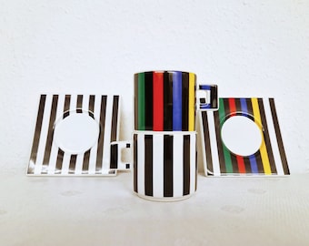 Espresso Collection Sweden MIQUE porcelain Coffee Cups wt Saucers, Pop Art Memphis Style Table Decor, 80s 90s Super Grafic Stripe Design