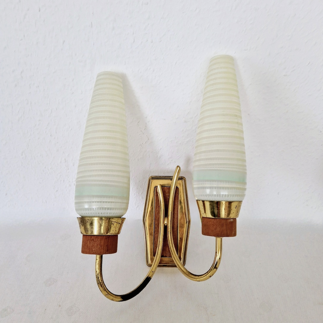 MCM Tulip Sconce Brass Teak Detailing and Frosted Glass With - Etsy