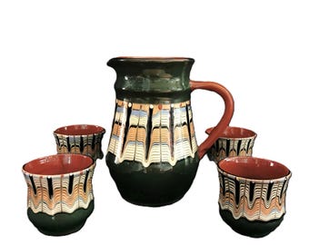 Vintage Mediterranean Ceramic Jug and Cups: Tribal Boho Decor