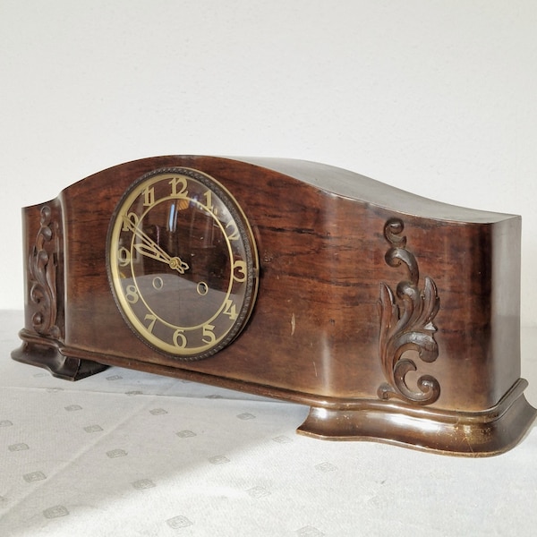 Antique Handmade Table Clock Mechanical Chime Clockwork, German Art Deco Wood Buffet/Fireplace Decor, Special Price Partly Functional