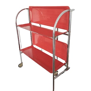 Desserte de service allemande vintage rouge avec motif en bois, chariot de bar pliable Dinett des années 60, décoration d'intérieur chic moderne