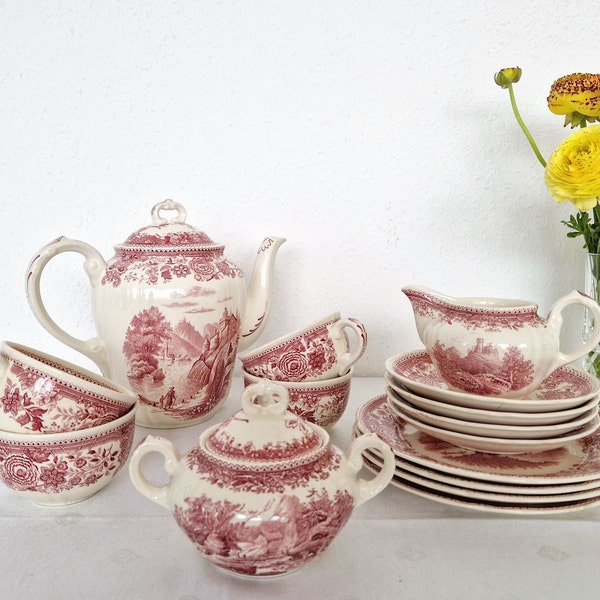 vintage Porcelaine Villeroy & Boch "Burgenland" Coffee or Tea Set for 4, 50's German tableware 15 pieces, EuropeanCountry Landscape Decor