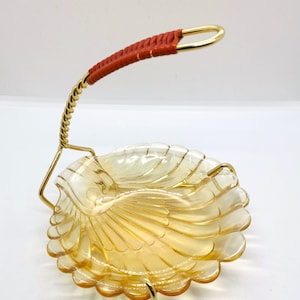 MCM Topaz Pearlescent Glass Snack Bowl with Brass Handle