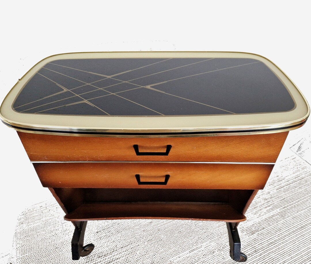 MCM Side Table Glass Top With Abstract Pattern on Casters, Vintage