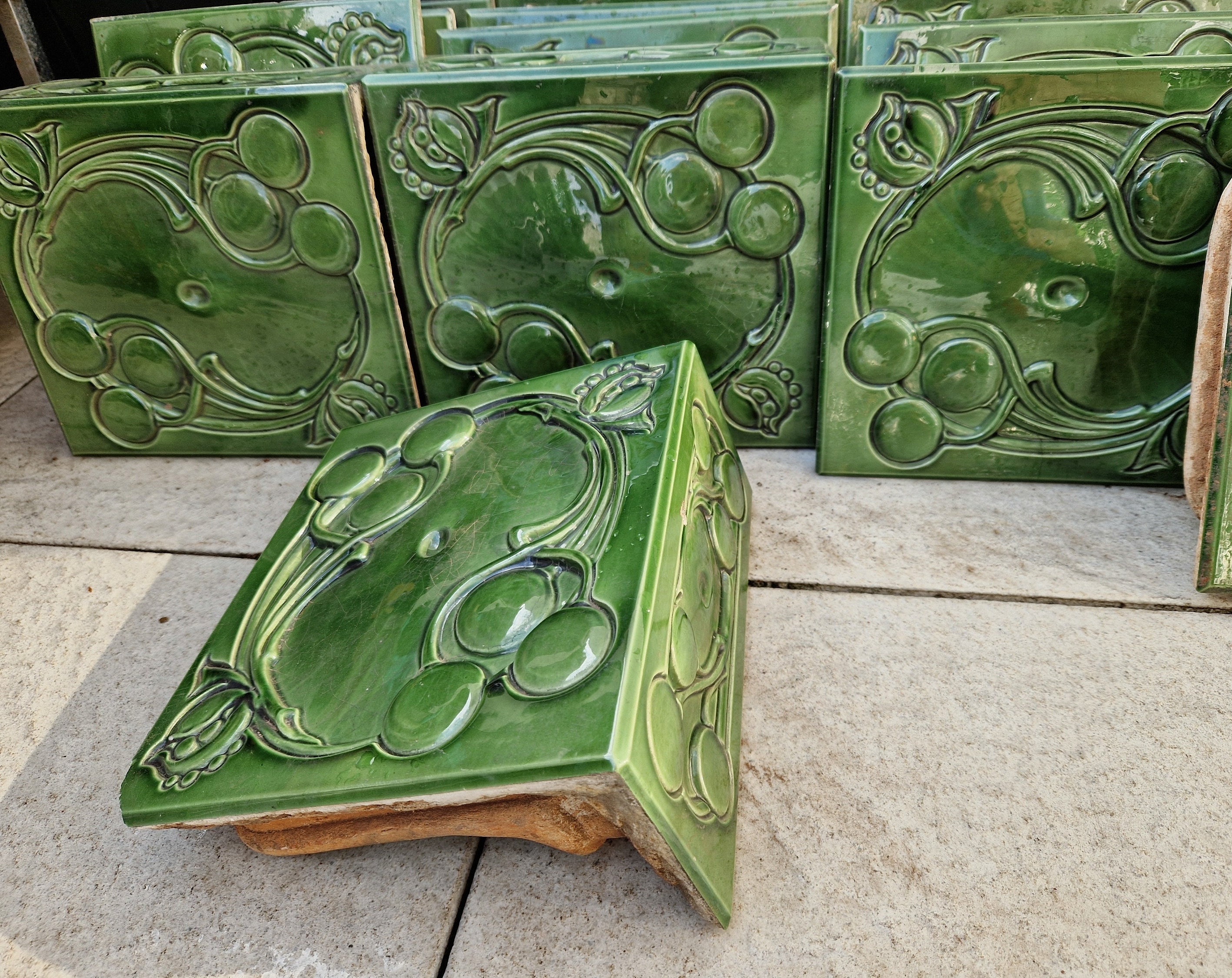 Antique Meissen Art Nouveau Green Glazed Tiles: Ernst Teichert